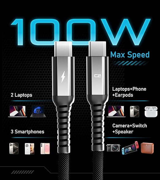 Futurizta Tech® Hydra 3‑in‑1 Triple USB‑C 100 W PD Fast‑Charge Multi Cable with Smart Triboost® – Charge Laptop, Phone & Tablet Simultaneously