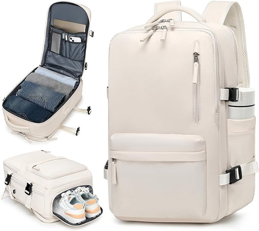 Travel Backpack Women Men, Carry On Backpack with USB Charging Port & Shoe Pouch,TSA 17.3inch Laptop Mochila Flight Approved,Nurse Bag Casual Daypack for Weekender Business Hiking,Gift (Beige)