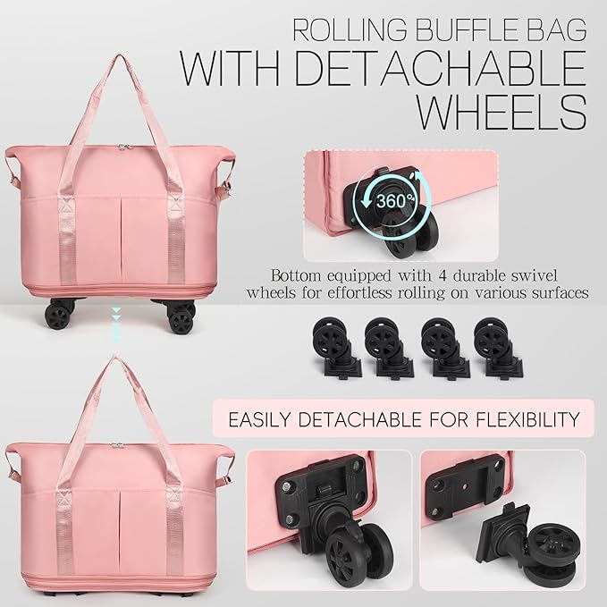 VOOWO Duffel Bag with Wheels - Rolling Foldable Expandable Duffle bags for Travel, Rolling Under Seat Luggage Carry On Travel Bag, Large Wheeled Overnight Weekender Bag (Pink)