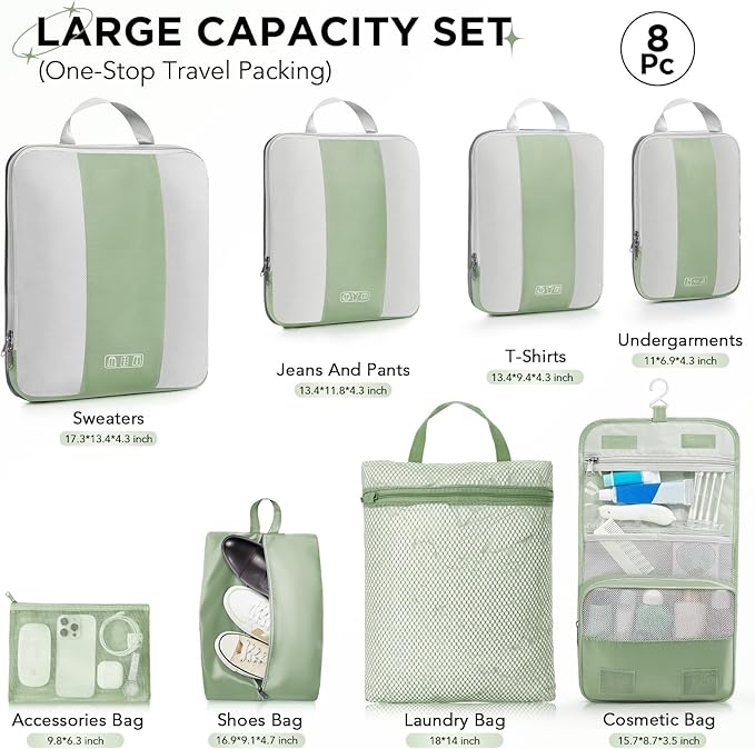 8 Set Compression Packing Cubes for Travel Essentials,Compressible Expandable Packing Cubes for Suitcase,OlarHike Luggage Organizer Bags for Travel,Handy Helper for Organizing Clothes(Matcha Green)