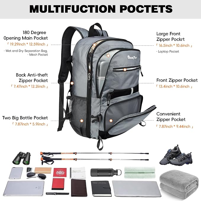 Seektop 40L Hiking Backpack Foldable Daypack for Women Men, Lightweight Travel Backpack Carry on Flight Approved for Camping School Work Business Leisure (Gray)