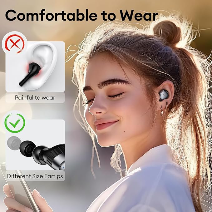 PAXA Wireless Earbuds with Touch Screen Headphones Bluetooth 5.4 Ear Bud IPX4 Light Weight in Ear Earbuds Comfortable Fit Deep Bass Stereo 5 EQ Modes ENC Clear Call for Android/iOS(Black)