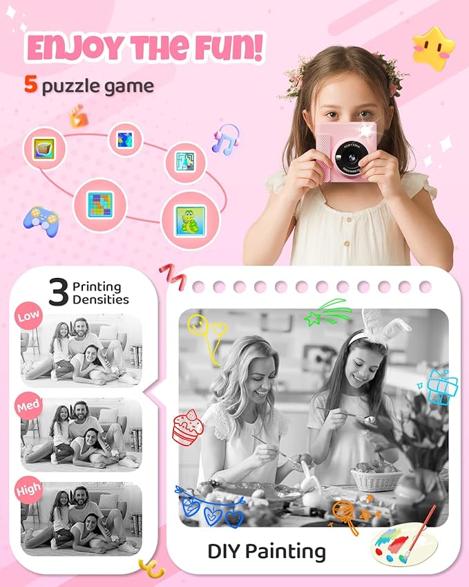 Kids Instant Print Camera, Christmas Birthday Gifts for Girls and Boys, 1080P HD Video Digital Kids Camera with Print Paper & 32G Card, Toddler Toy for 3-14 Years Old (Pink)