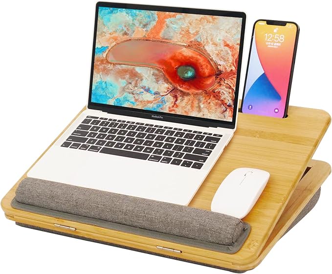 Lap Desk Laptop Tray with Cushion Portable Bed Tray Desk, Adjustable Angle Lap Desk with Tablet Phone Holder, for Home Office, Sofa, Bed, Couch and car. Bamboo Cushioned Laptop Table Tray