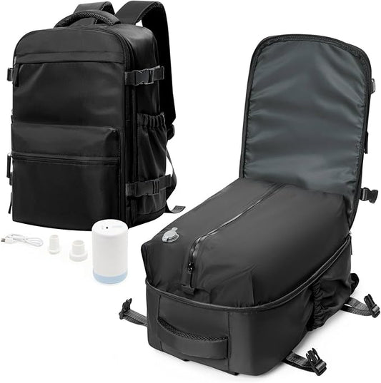 Vacuum Travel Backpack with Pump for Women,Personal Item Carry on Backpacks Flight Approved 18x14x8 inches for Men,Laptop Waterproof Work Compression bags Casual Daypack Black
