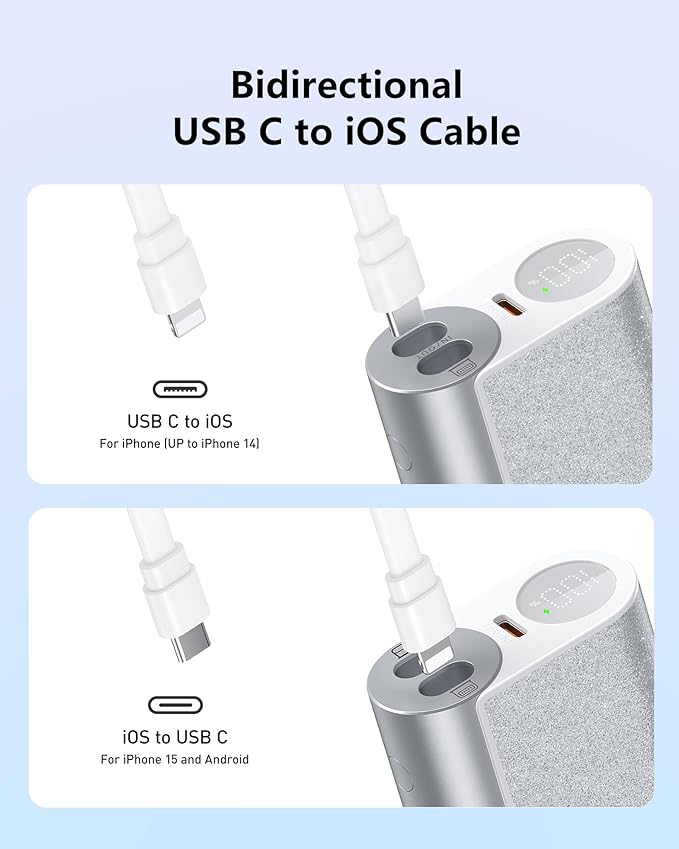 VEGER Compact Portable Charger with Built in Cable(Removable), 10000mAh Cute Power Bank 20W Fast Charging, Sparkling Battery Pack Fashion Travel Accessory Compatible with iPhone 15/14, Android-Sliver