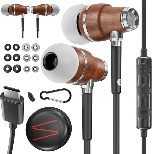 Symphonized Premium Wooden iPhone Earphones Wired (USB C) Deep Bass Sound, 3D Sound, Microphone Volume Control, 90% Noise Cancelling for Type C Devices. Earphones for iPhone 15 to 17 & Android (Black)