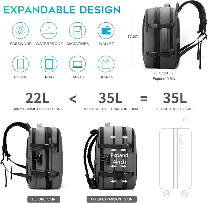 BANGE Backpack with Anti-Theft Vacuum Compression Travel Backpack,Expandable Backpacks with Pump for Airplanes