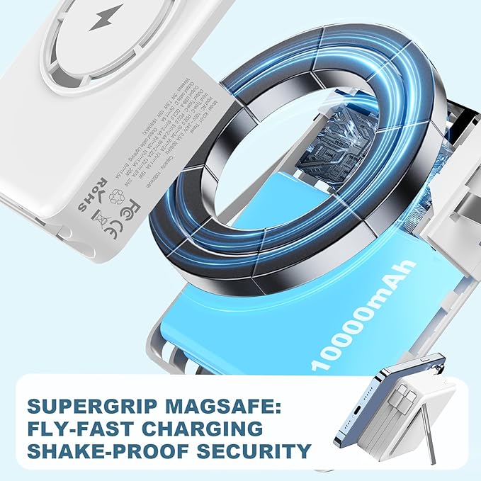 for Magsafe Battery Pack, 10000mAh Magnetic Portable Charger with USB C Cable, Travel Power Bank with Wall Plug Charger Block,Wireless Power Bank for iPhone 16/15/14/13/12/11 Series,Google,Galaxy