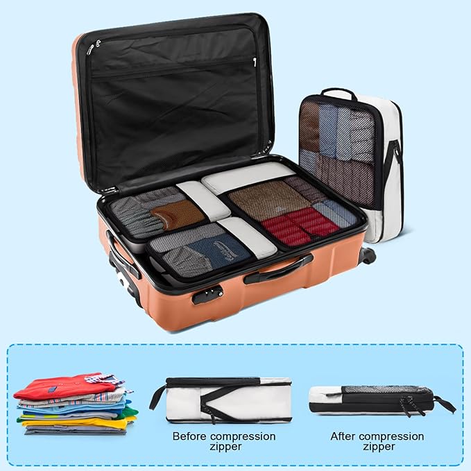 4 PCS Set Compression Packing Cubes for Travel, Lightweight Packaging Organizer Bags for Carry On Space Saving, Travel Essentials Cubes for Suitcase Backpack, Beige