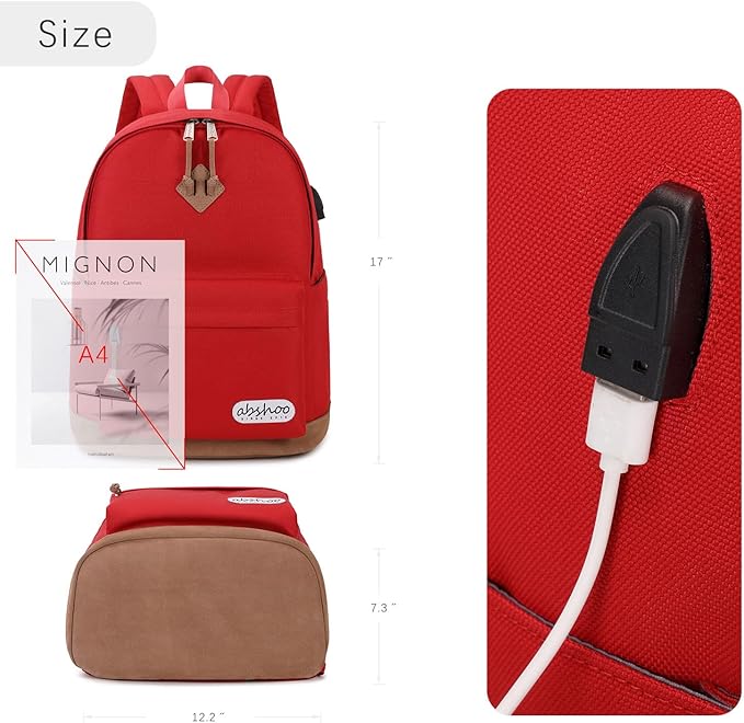 abshoo Classical School Backpack For Middle High School Water Resistant Bookbag College Travel Daypack (Red)