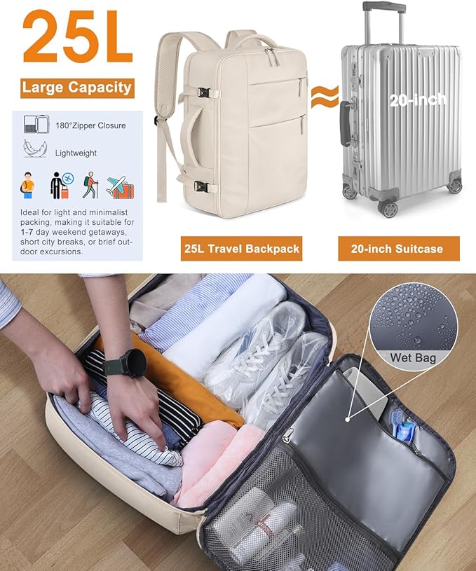 Capolo Travel Backpack for Women Men Waterproof Laptop Backpack Airlines Approved Carry On Backpack Bag Computer Bookbag for Business, Work, Traveling Fits 17 Inch Laptop(Beige)