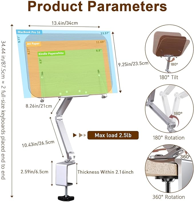 ASIEIT Book Stand for Reading, Wood Desk Clamp Book Holder, Cookbook Stand for Kitchen, Recipe Book Stand with Clamp, Height and Angle Adjustable, Foldable and Portable for Office, Bible, Recipe