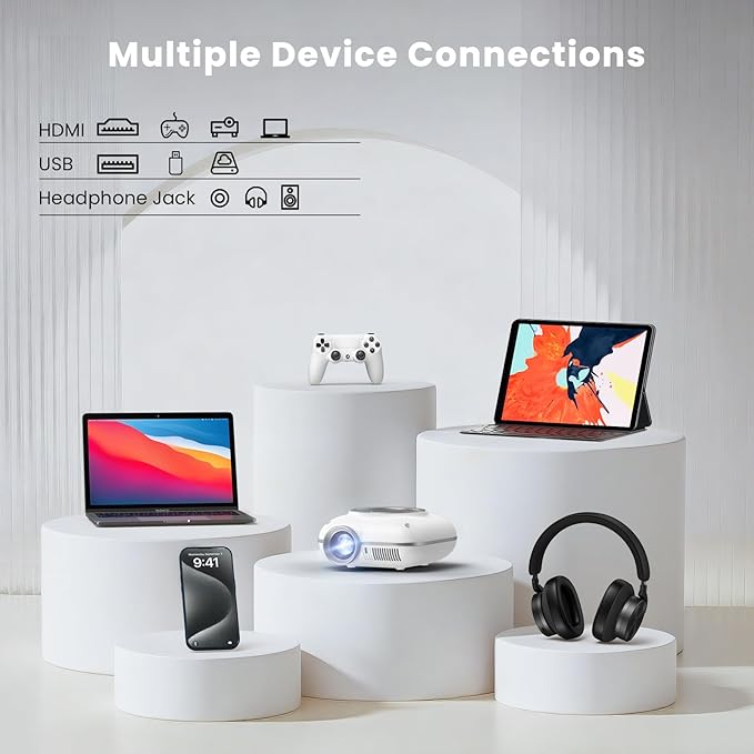 Mini Projector with Two -Way Bluetooth, Portable Projector for Home Theater Use, Support 1080P for Outdoor Projector/Movie Projector Compatible with HDMI, USB, Laptop, TV Stick (White)