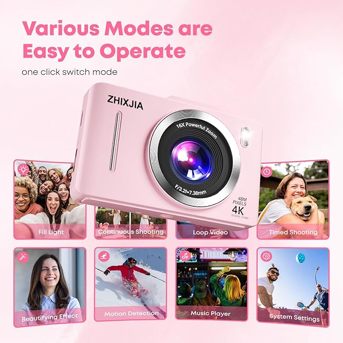 Digital Camera, Autofocus 4K Vlogging Camera for Photography with 64GB Card, Full HD 4K Point and Shoot Camera Portable Compact and Shoot Digital Camera for 16X Zoom, Anti-Shake, for Beginners, Pink