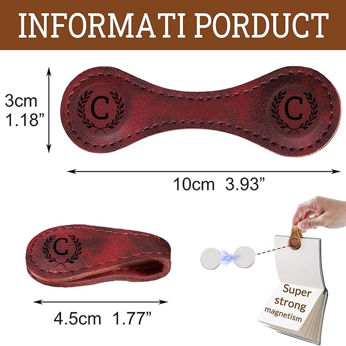 Personalized Leather Magnetic Bookmarks - 26 Letters Name Initial Vintage Engraved Bookmark Book Marker Clips Customized Gifts for Readers Kids Book Lovers Classmate (Red, L)