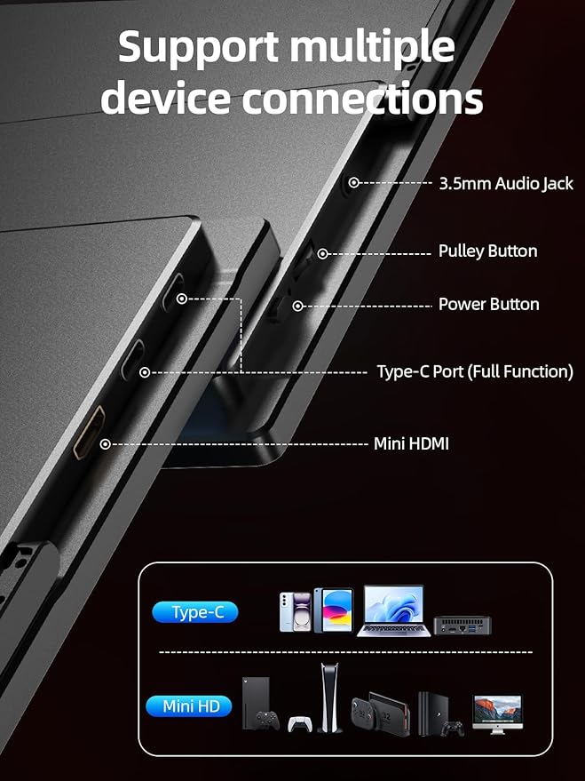 18.5” 100Hz Portable Monitor FHD 1080P IPS Screen 100% sRGB Aluminum Alloy Shell,Built-in Stand,HDMI/USB-C,for Gaming,Laptop,PC,Mac,Phone,Switch,Xbox