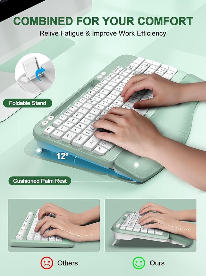 Ergonomic Wireless Keyboard with Cushioned Wrist Rest, Wave Keys, Phone Holder, Comfortable Natural Typing, 2.4GHz Full Size Cordless USB Computer Keyboard for Laptop, Mac, Windows (Mint Green)