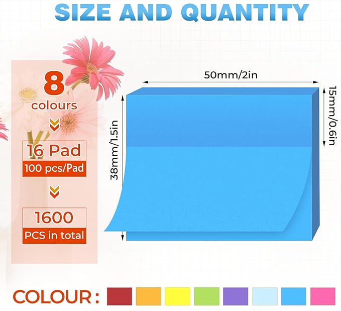 1.5 x 2 in Sticky Notes Mini,1600 Sheets Small Sticky Pads,16 Pads Bright Colors Self-Stick Pads,100 Sheet/Pad Colorful Bulk Tiny Pads Ideal for Office,Home,School,Meeting,Notebook Supplies
