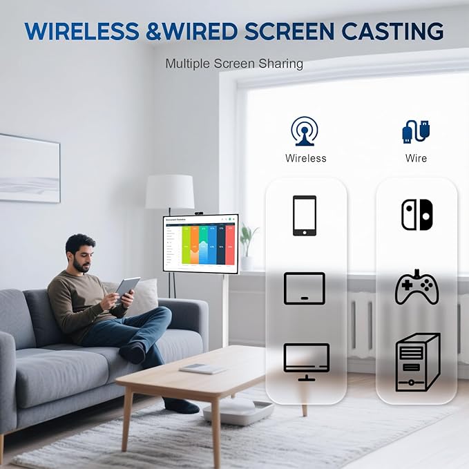 32 Inch 4K Smart Portable TV, Qualcomm Snapdragon 665 CPU, Built-in 20000mAh Battery with 10H Life Time, 8+128GB, Android OS, Rolling Touch Screen Monitor on Wheels, Air Remote Mouse, with 5MP Webcam