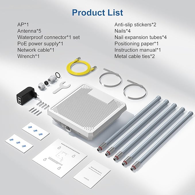 AX3000 WiFi 6 Outdoor Extender Long Range, IP67 Waterproof Wireless Access Point Signal Booster, VunLink 5G+2.4G Dual-Band WiFi Repeater, 5×8dBi Antennas, Mesh Mode, for Starlink, Yard, Farm, RV.