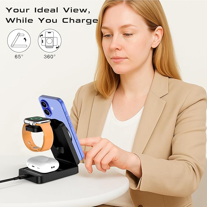 3 in 1 Wireless Charger Station for Multiple Apple Devices,Portable Magnetic Charging Foldable Stand for iPhone 16 15 14 13 12 11 ProMax/Airpods/Fast Travel Charger with MagSafe for Apple Watch Series