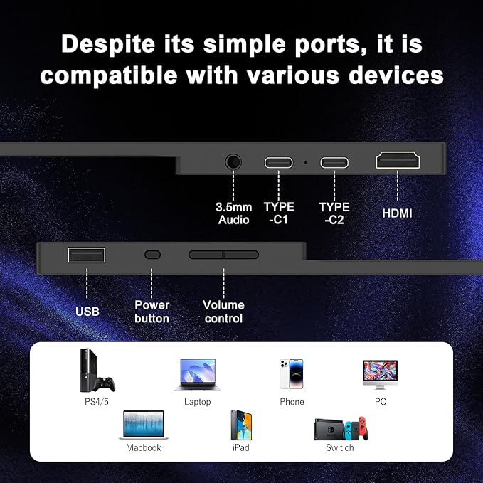 Portable Monitor for Laptop, 10.5" Screen Extender 1920x1280P IPS Travel Monitor 3:2, 500nits, 2000:1, w/45° Adjustable Stand, Standard HDMI USB-C Computer Display for Laptop PC Phone Mac PS4 Xbox