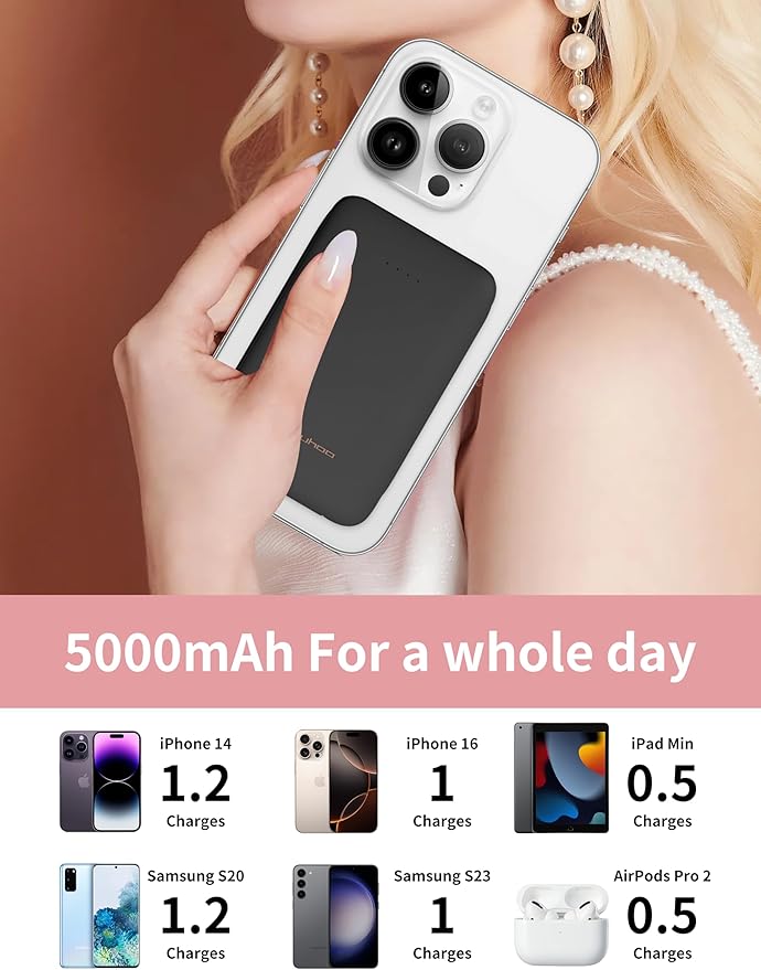 Power Bank, Slimmest 5000mAh Portable Charger with Built in USB-C Cables, USB C in&Out Charging Battery Pack, External Phone Powerbank Compatible with iPhone, Android, Black