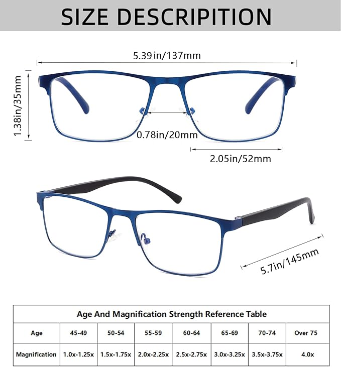 4-Pack Blue Light Blocking Reading Glasses for Men Stylish Metal Frame Readers with Comfort Spring Hinges Anti Glare UV Filter Eyeglasses, +2.25 STRENGTH