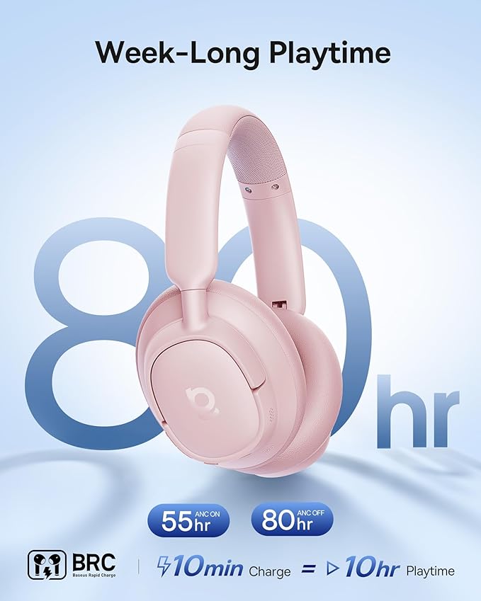 Baseus Bass BH1 NC Adaptive Active Noise Cancelling Headphones, Real-Time Adaptive Hybrid ANC, SuperBass 2.0, LDAC Hi-Res Sound, 80H Playtime, 5-Mic AI Clear Calls, Comfortable Fit, Bluetooth 6.0