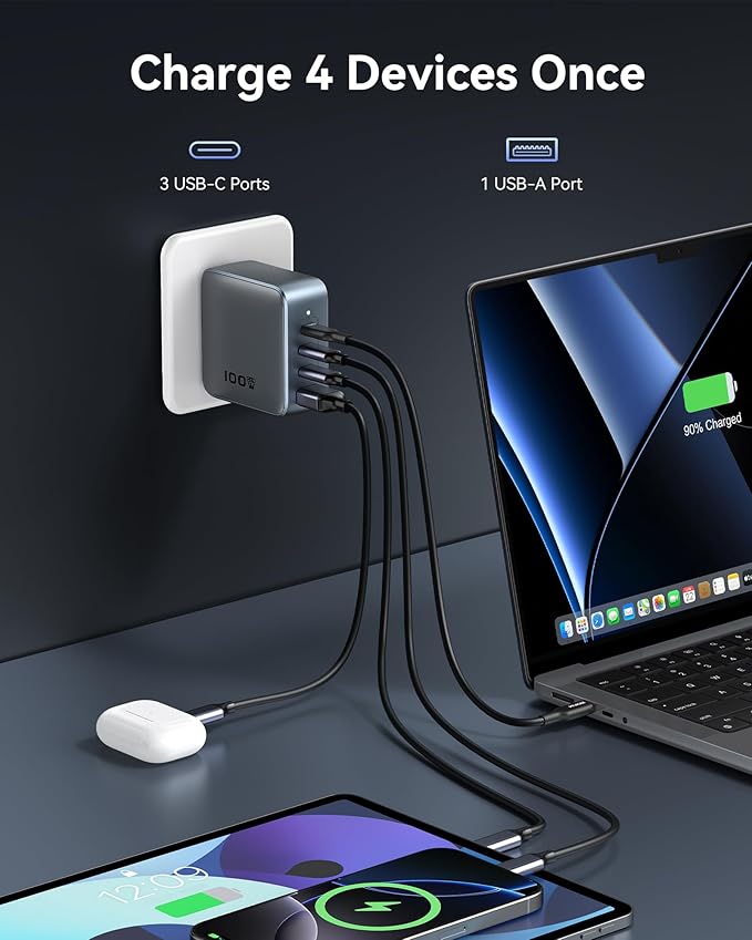 100W USB C Wall Charger Block, 4-Port PD3.1 GaN Foldable Compact PPS Fast Laptop Charger Power Adapter for MacBook Pro/Air, Dell XPS, iPhone 17/16 Pro, iPad Pro, Galaxy S25/S24, Steam Deck, and More