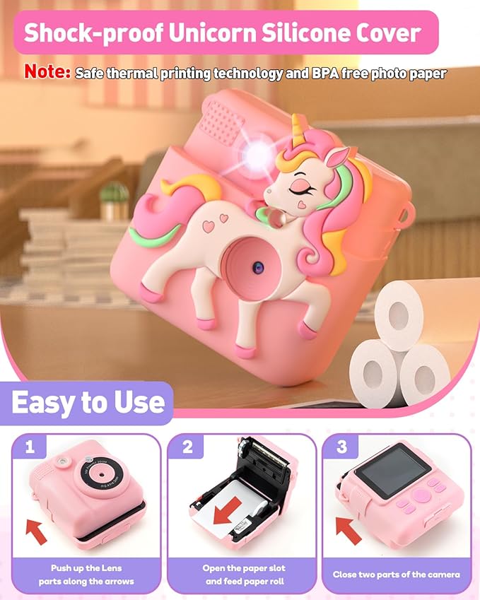 Kids Camera Instant Print with Silicone Cover, Creative Gifts for Girls Age 4-12 Birthday Christmas, 1080P Digital Camera Toy with 32GB SD Card - Pink