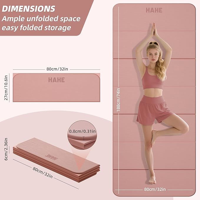 Foldable Yoga Mat, 74"Lx32"Wx1/3"Thick, Folding Exercise Mat, Non-slip Wide Pilates Mats for Home Workout/Travel, Portable Yoga Mat Thick for Yoga/Pilates/Camping/Floor Exercises