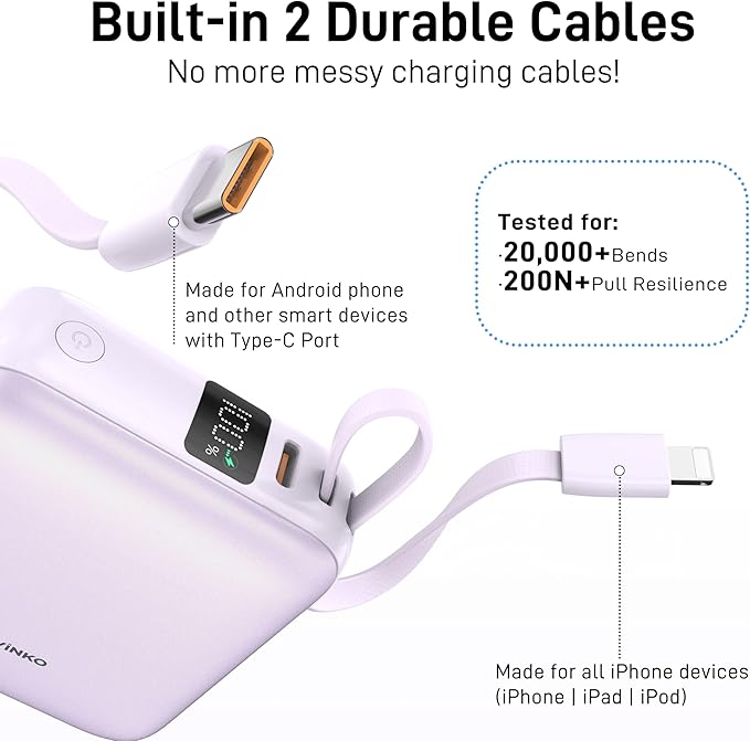 VINKO Portable Charger Power Bank with Built-in Cables, 22.5W Fast Charging 10000mAh Phone Charger, Small Travel Battery Pack with Smart LED Display for iPhone, Android & USB-C Devices(Purple)