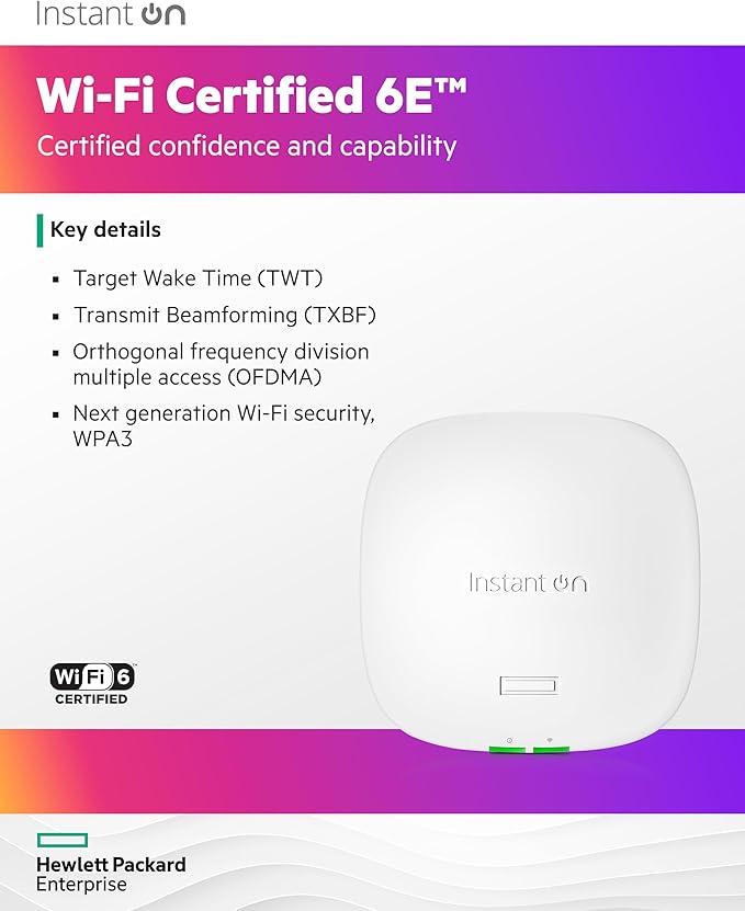 HPE Networking Instant On Access Point AP32 2x2 WiFi 6E Indoor Wireless Access Point (3 Pack) | Secure, Tri-Band, Future Ready | Power Source Not Included | US Model (S1T22A-3PACK)