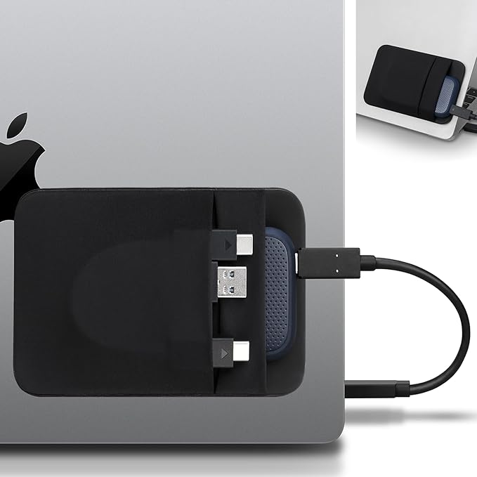 Lacdo Portable Hard Drive Sleeve for Laptop, 2-Pocket Stick on Pouch with Reusable Adhesive, for San Disk, Samsung, Crucial External Solid State Drive SSD Hard Drive Carrying Case Organizer, Black