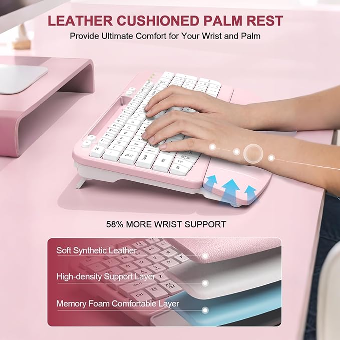 Ergonomic Wireless Keyboard with Cushioned Wrist Rest, Wave Keys, Phone Holder, Comfortable Natural Typing, 2.4GHz Full Size Cordless USB Computer Keyboard for Laptop, Mac, Windows (Pink)