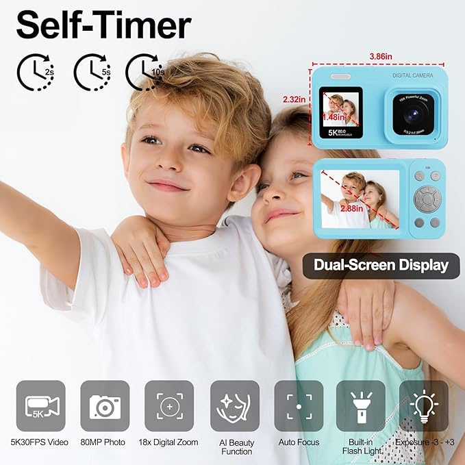 Upgraded 5K Dual Screen Digital Camera,80MP Vlog Photography Camera for YouTube,Campus,Travel,Compact Point & Shoot Camera for Teens & Beginners with Autofocus,18x Zoom,Anti-Shake,Blue