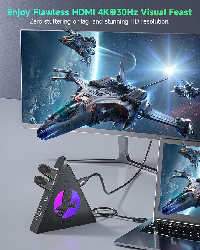 Vertical USB Hub Tower, 8-in-1 USBC Hub with HDMI 4K@30Hz, 100W PD, 5Gbps USB-C & 3xUSB-A, SD&TF Slots, RGB Gaming Hub Compatible with MacBook, iPad, iPhone16, XPS, Surface & Type-C Laptops.