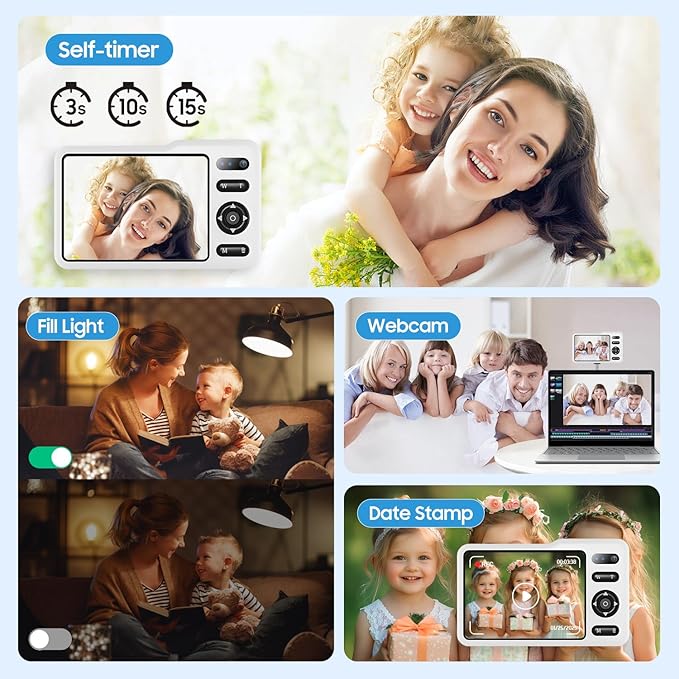 Digital Camera, 64MP Dual Lens Autofocus Point and Shoot Digital Camera, 16x Zoom Vlogging Camera with 2 Batteries, Portable Rechargeable Small Camera for Kids Teens (White)