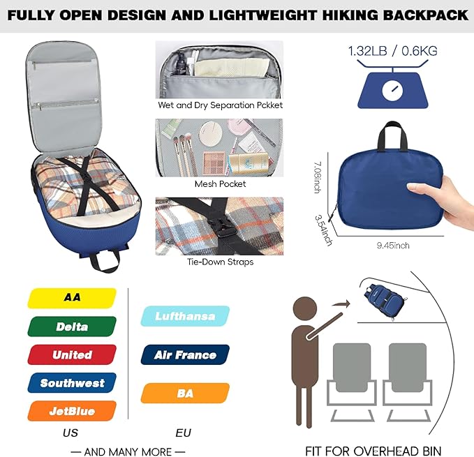 Seektop 40L Hiking Backpack Foldable Daypack for Women Men, Lightweight Travel Backpack Carry on Flight Approved for Camping School Work Business Leisure (Blue)