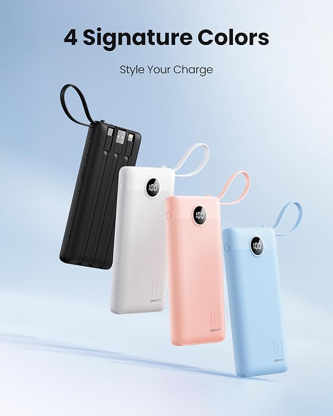 Portable Charger with Built in Cables, Slim 10000mAh Power Bank with USB C, External Battery Pack 5 Outputs 2 Inputs LED Display Compatible with iPhone/Android & More (Black)