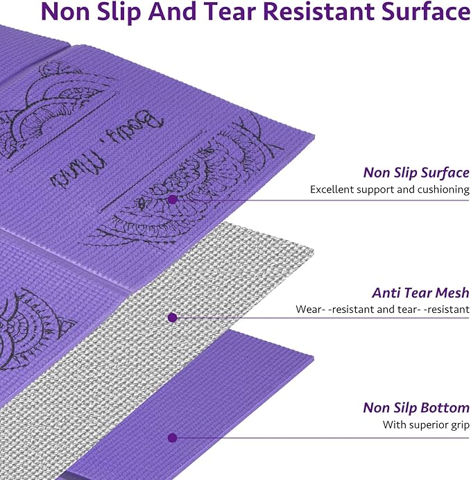 Foldable Yoga Mat for Women, Non Slip Exercise Mat for Home Gym, 5mm Travel Yoga Mats Set With Stretch Strap for Yoga Pilates and Fitness, 68"L x 24"W x 0.2 Inch Thick