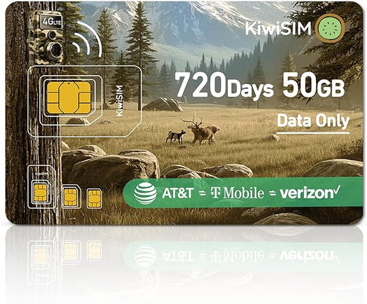 4G LTE Data SIM Card 50GB - 2 Years for Trail Camera & Security Camera, SIM Card for Wildlife Cameras, 3-in-1 SIM Kit with AT&T/T-Mobile/Verizon Coverage, No Contract & Auto Network Switching