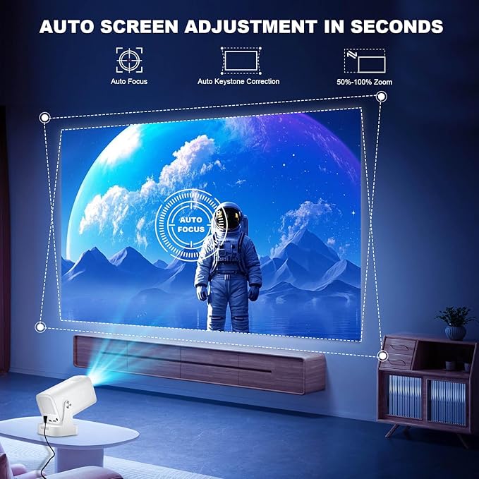 【Short Throw & Speaker】Mini Smart Projector, 1080P Native with 4K Support, WiFi 6 and Bluetooth 5.4, Auto Focus/ Keystone Correction, Built in Apps, Voice Control, Portable Outdoor Movie Projectors