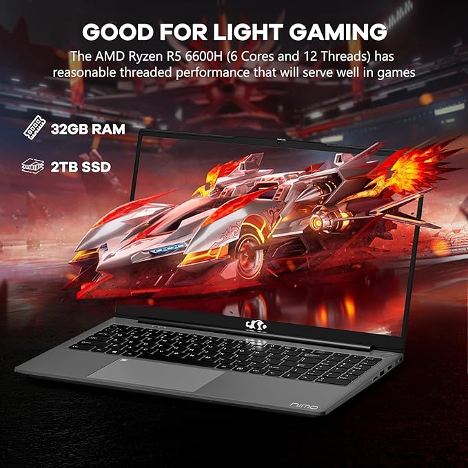 15.6 Business-gaming-Laptop, 6-Cores AMD Ryzen 5 6600H 660M 6nm GPU, 32GB DDR5 2TB SSD(Beat i7-1165G7 up to 4.5GHz)100W Type-C FHD IPS Laptop-Computer with Fingerprint Backlit Keyboard WiFi5 Win11