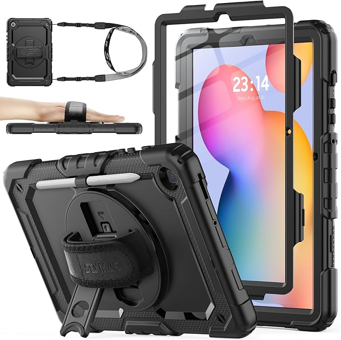 SEYMAC stock Case for Samsung Galaxy Tab S6 Lite 10.4’’ (2024-2020) with Screen Protector Pencil Holder [360° Rotating Hand Strap] &Stand, Drop-Proof Case for Galaxy Tab S6 Lite Tablet, All Black