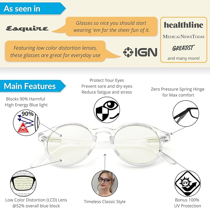 J+S Vision Blue Light Blocking Glasses for Men Women | Computer Gaming Work| Anti Strain Fatigue UV Glare | Medium-Small Fit