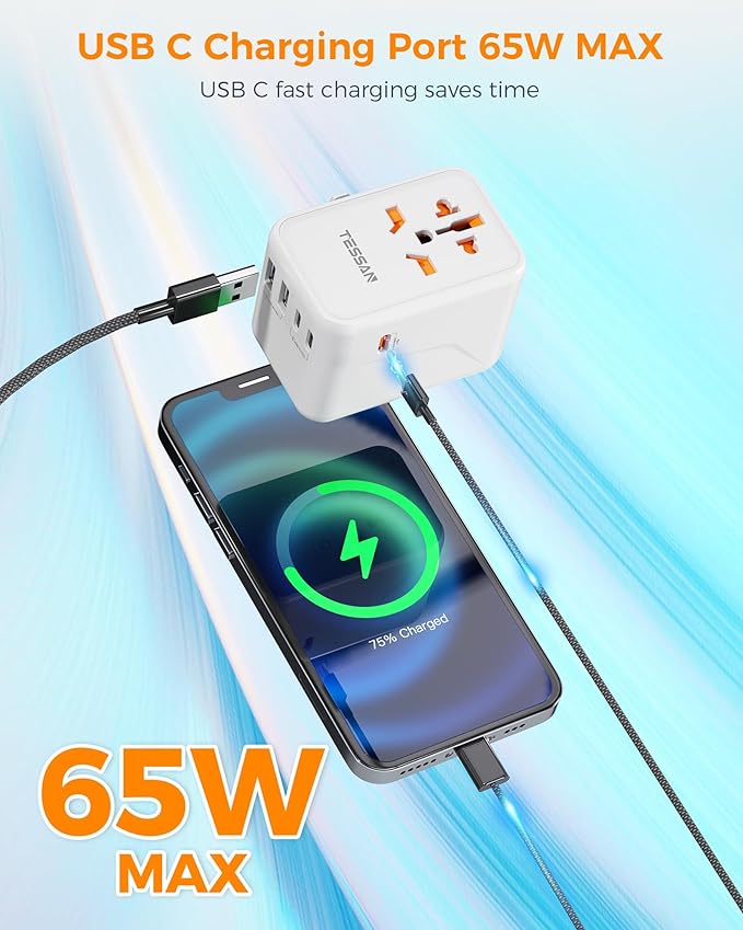 TESSAN Universal Travel Adapter Worldwide, GaN 65W International Plug Adaptor with 3 USB C 2 USB A Ports, World Power Outlet for European USA UK Australia Ireland(Type C/G/A/I)