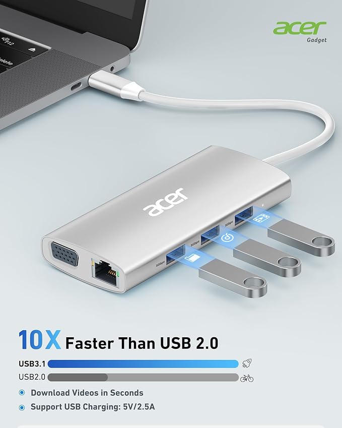 Acer USB C Hub with 4k@30Hz HDMI, 9-in-1 USB C to Ethernet Adapter, 5Gbps USB-A 3.1 Docking Station, PD 100W Charging, SD Card Reader, USB to VGA Splitter for MacBook, Acer, Laptops, Surface (Silver)